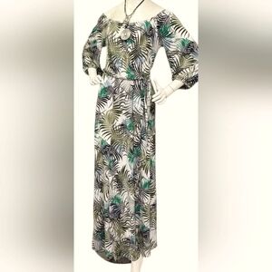 Triple Seven Tropical Palm Print 3/4 Sleeve Maxi Dress Green And Blue Size L